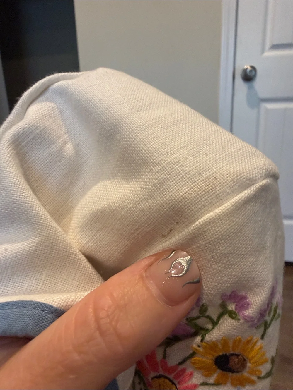 Embroidered Floral Kids Bonnet in Cream with Blue Trim